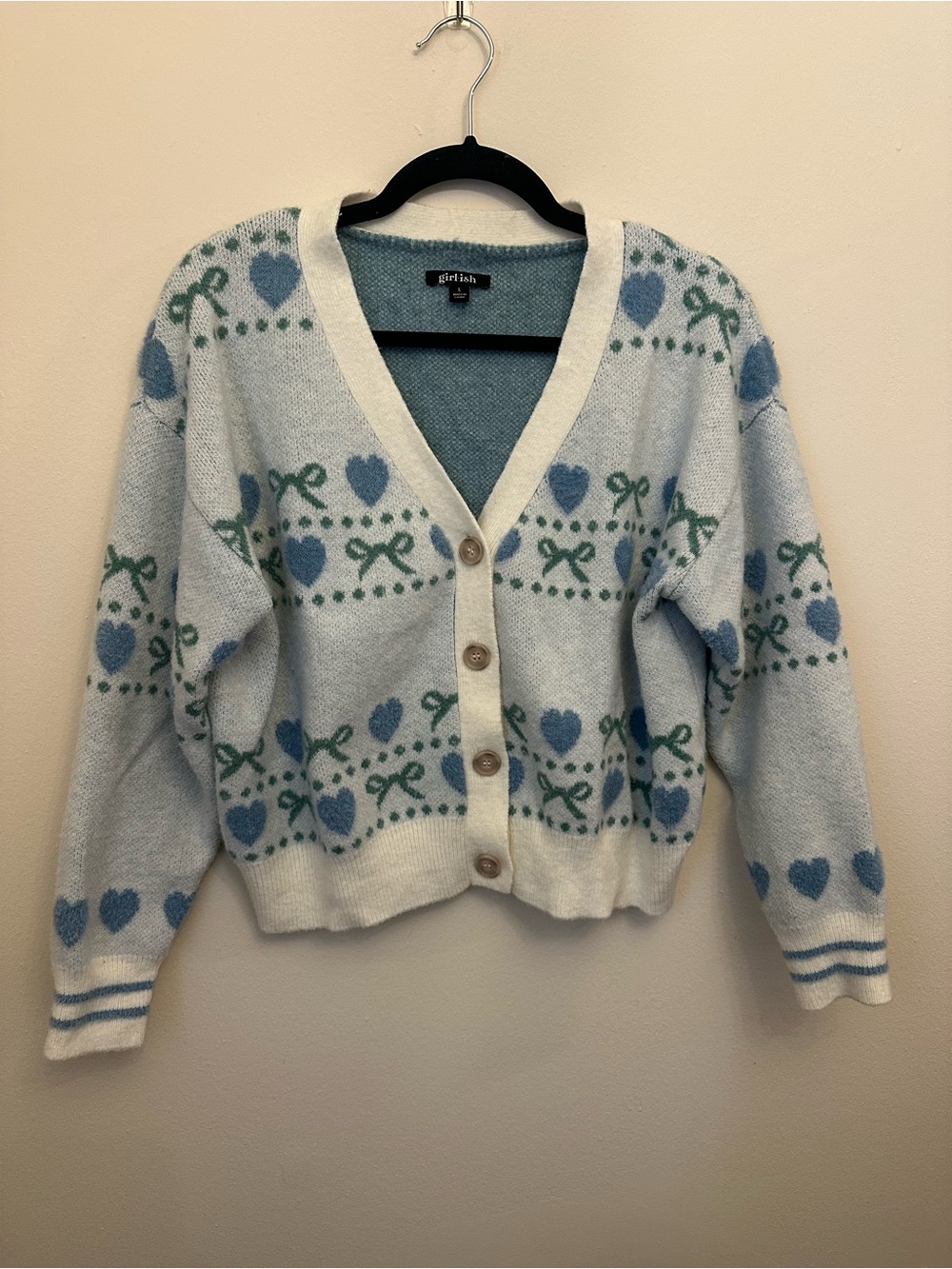 Girlish L Blue Heart Bow Cardigan Fuzzy Knit Oversized Coquette Y2K Sweater